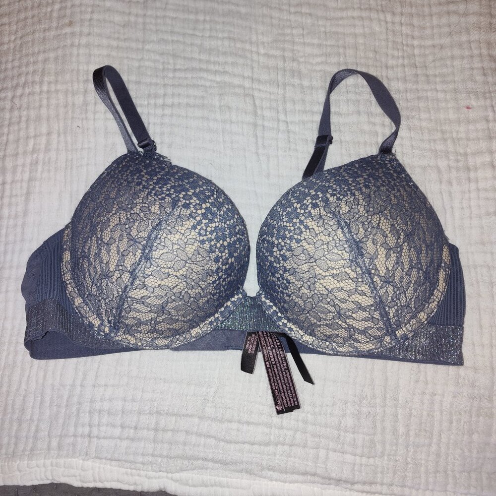 Victoria's Secret Push Up Bra 38 B Dusty Blue, Lacy, Nude